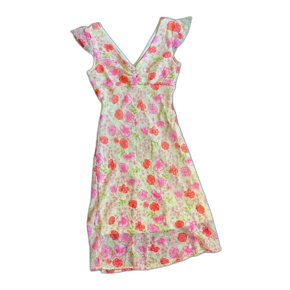 My Michelle Floral Dress Lettuce Hem VNeck Midi Knee Length 9/10 Yellow Pink 90s - Picture 1 of 5